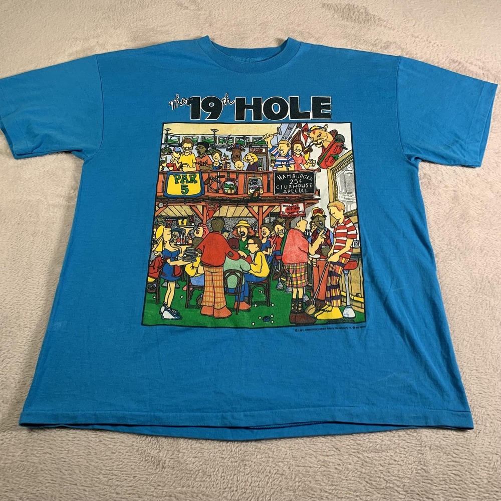 Vintage 19th Hole Golf Graphic Shirt Mens XL Blue SSI‎ 1991 Bar Cartoon Made USA